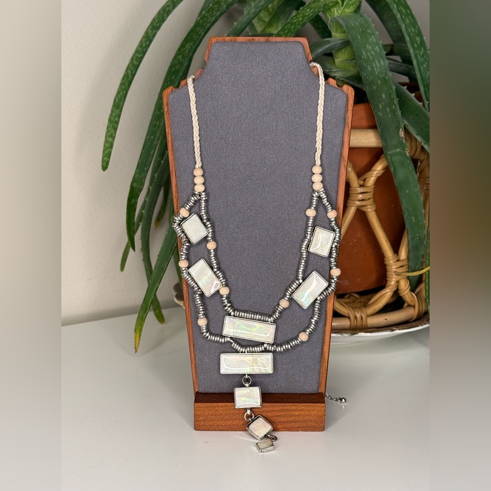 Free People Statement Necklace Shell Inlay Wood Bead Braided Cord Adjustable - Picture 2 of 9